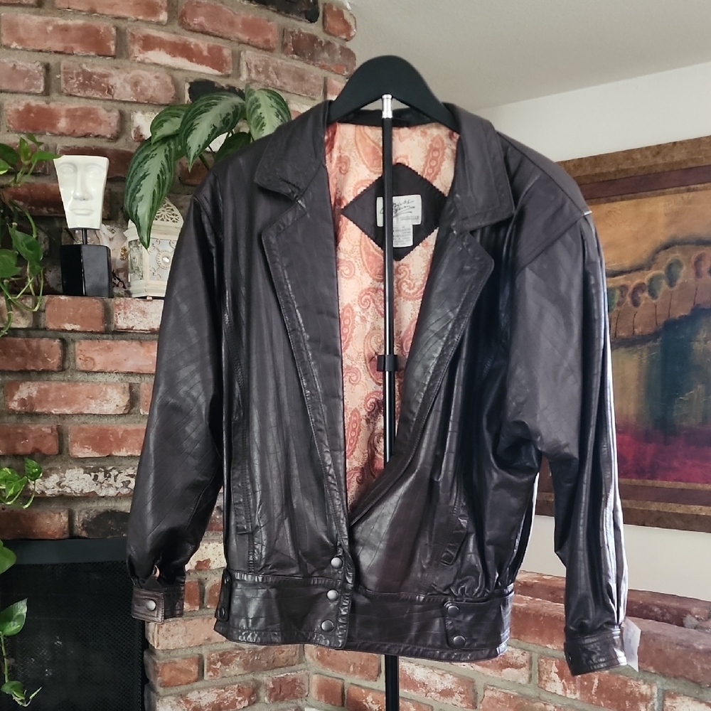Vintage Brass Plum Brown Leather Jacket Paisley Lined Moto Blazer